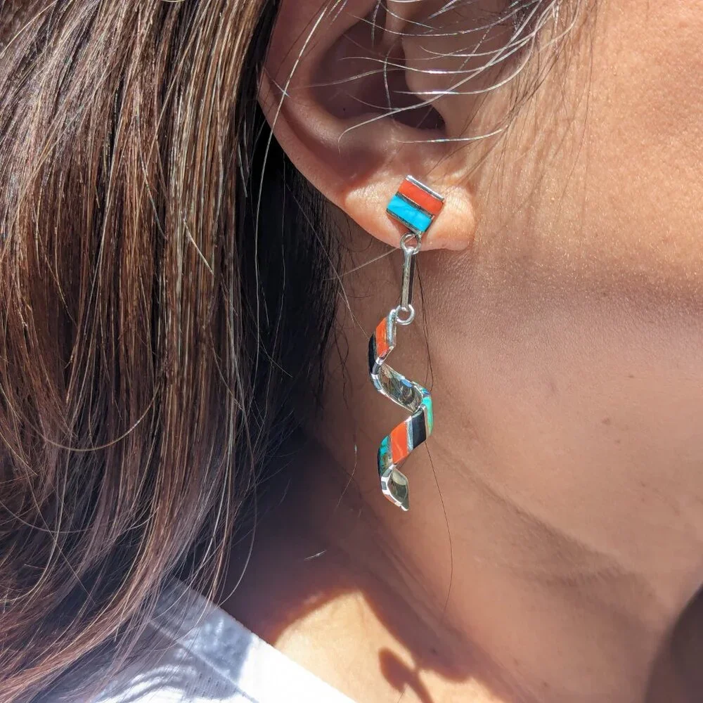 Authentic Zuni‎ Spiral Multi Stones Inlay Dangle Earrings Handmade NA Jewelry**